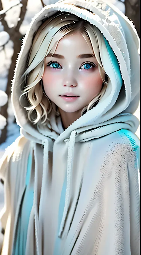 outdoor:1.5、winter、snow、White World、Frozen World、White world、one girl、24 only、perfect anatomy、correct human body、ash blonde、layered haircut、short wavy hair、Woman with cute face、turquoise eyes、Perfect good looks、Natural color poncho style hoodie、wearing a h...