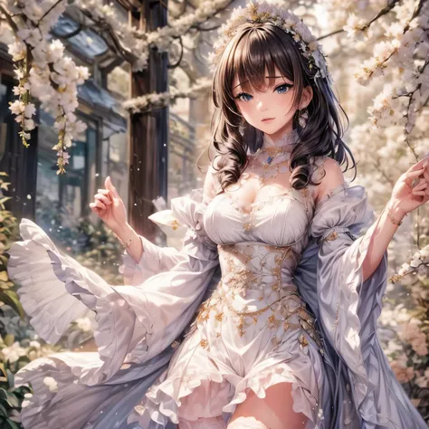 (highest quality:1.4),(masterpiece:1.4),super detailed,8K,cg,exquisite,Upper body,Lonely,thumb girl,Little Princess,flowing coat dress,garden background,detailed facial features,long curly hair,Almond Eyes,Delicate eye makeup,long fluttering eyelashes,Spar...