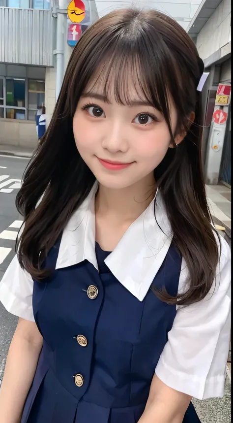 smile, Close-up of a schoolgirls face in a school uniform on a Japanese street, 