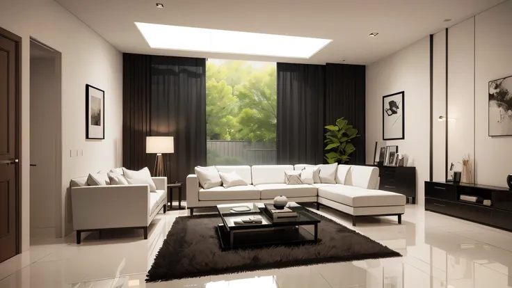 You are a famous interior designer、You have been asked to create a 3D image of a modern large room. Create a harmonious environment with modern and minimalist furniture. Including garden interior.