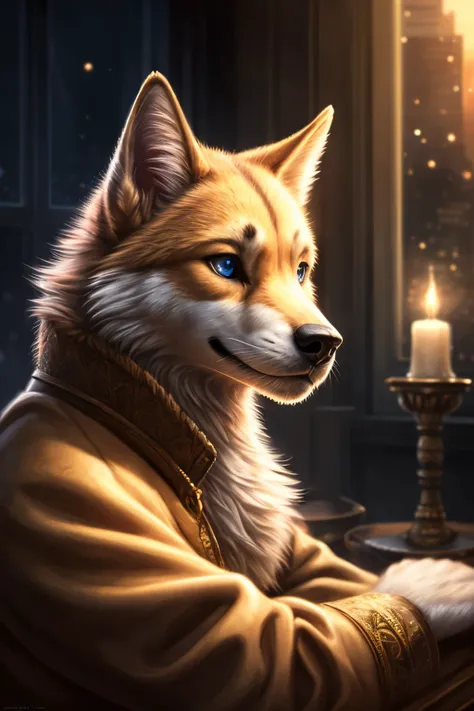 A carefully crafted puppy servant, intricately detailed in every fold and feature, ponders introspectively in the crowded, symmetrical cityscape. soft lighting caresses his perfect anatomy, gently illuminating his impeccably rendered face and expressive, p...