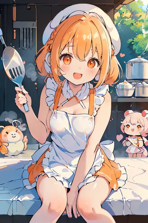 (Chibi:1.15),girl,blush,(swirly hair:1.35),(Fluffy short hair:1.2),(Braided twin tails:1.25),(chef&#39;s hat:1.3),(A big smile:1.35),(orange heart-like eyes:1.3),(smiling with open mouth:1.25),(A fantasy atmosphere in which kitchen utensils such as ladles,...