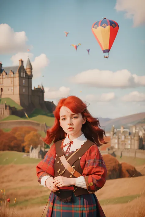 1880s Scottish Castle Kite Festival (Location: Edinburgh)
Character: A Scottish girl, in her tweens, with fiery red hair and a tartan dress, participates in a kite festival near a castle in Edinburgh during the 1880s. Colorful kites soar against the backdr...