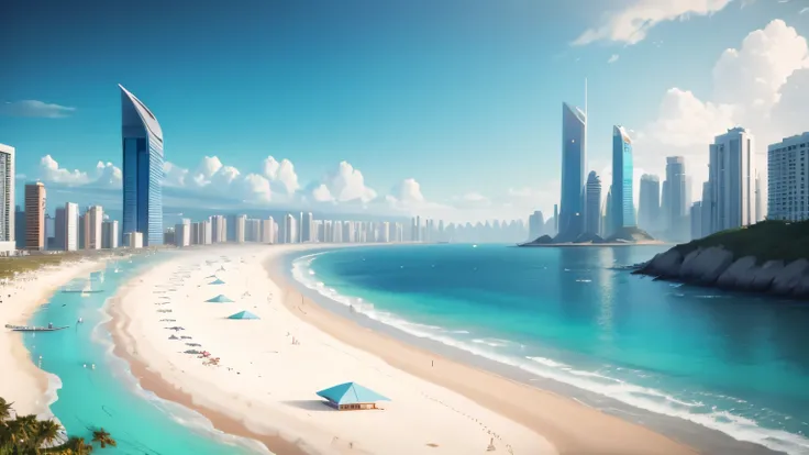 (best quality,8k,UHD),beautiful beach,modern city,futuristic elements