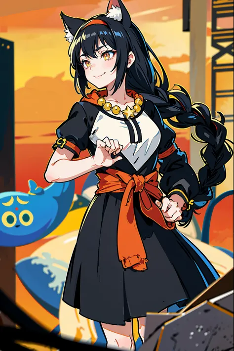 splash art, genshin impact, ice element, black hair, crossed bangs, front braid, hood, crown, scar on cheek, bead necklace, yellow hairband, symbol-shaped pupils, star-shaped pupils, longeyelashes, color contact lenses, cat ears, makeup, evil smile, excite...