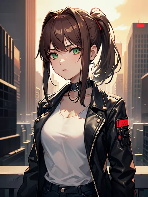 masterpiece, high detailed eyes, high detailed clothes, depressive, sci-fi, cyberpunk, anti-utopia, 1girl, solo, portrait, monika, (green eyes), brown hair, very short hair, short ponytail, face view, serious girl, serious face, looks at the viewer, cyber_...