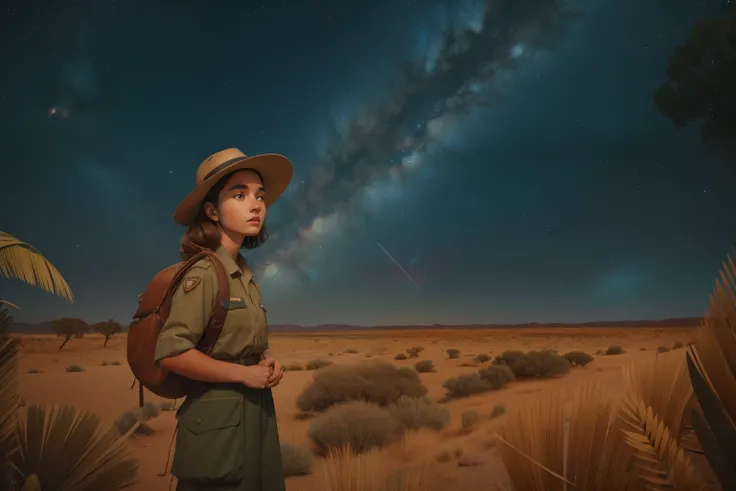 1900s Australian Outback Stargazing Adventure (Location: Bushland)
Character: An adventurous Australian girl, around 14 years old, with sun-kissed hair and dressed in khaki explorer attire, embarks on a stargazing adventure in the vast Outback during the e...