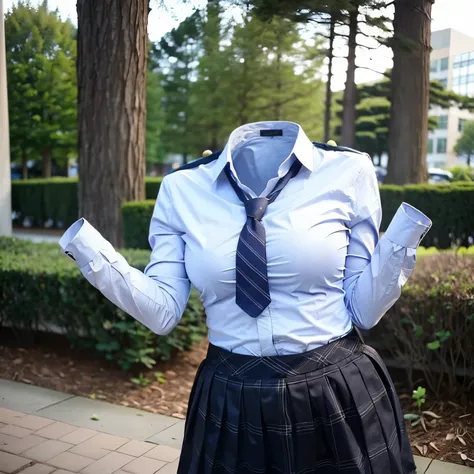 (school uniform), park, cute pose, (invisible, no humans, headless, faceless:1.5), (close-up to breasts), cute big breasts, chubby, fat, plaid skirt, blue stripe tie, long sleeve