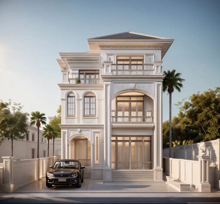 a (photorealism:1.1) car parked in front of a two story building, clean linework, frontview, inter dimensional villa, (white wal...