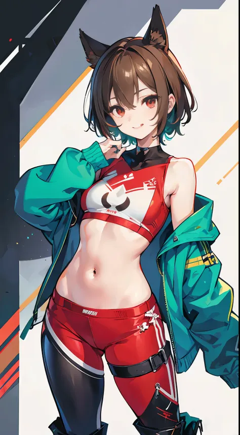 X-rated，undertale，chala，teenage girl，Red-eyed，Sexy，green，Chest leakage，crop top，hot pants，livestock，full body standing painting，tempting pose，short brown hair，Face turned red，Underwear model，lust，hand repair，detail，clothing，HD，no underwear，Smile，Adult vide...