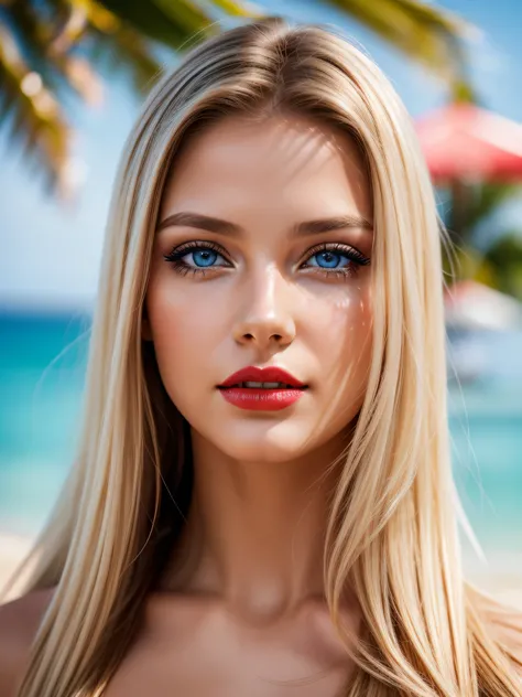 macro photo beauty woman eye long blode hair, blue eyes, red lips, realistic skin texture background sandy sunny beach photo realistic 8k shallow depth of field bokeh lights on face