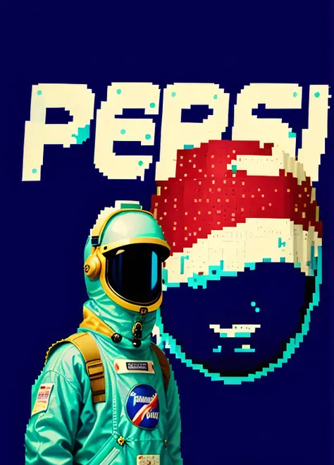 a close up of a person in a space suit with a Pepsi sign, Pepsi, Pixel huh, sprite art, 🚀🚀🚀, Vaporwave Science Fiction, 蒸汽波Pixel排序, #Pixel艺术, # Pixel艺术, pop art, inspired by Scott Listfield, Very vaporwave, Pixel, Pixel图稿, detailed Pixel图稿, vaporwave style...