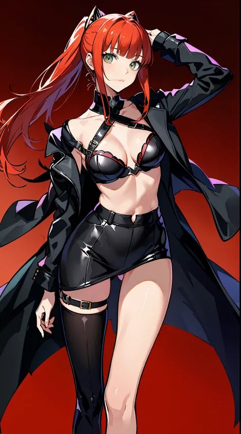 Persona 5 art style wlop, Persona 5 art style, character 5 style, Kasumi Yoshizawa, Girls in wear, whole body, high quality, 8k, open chest, ponytail, small breasts, Bangs, smooth thighs, Patsan, top quality, 8k, ultra high definition, beautiful eyes, Slen...