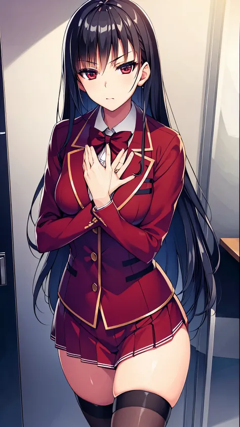 a woman in red school uniform,black hair, red eyes, classroom
masterpeace, best quality, (extremely detailed cg:1.4), highly det...