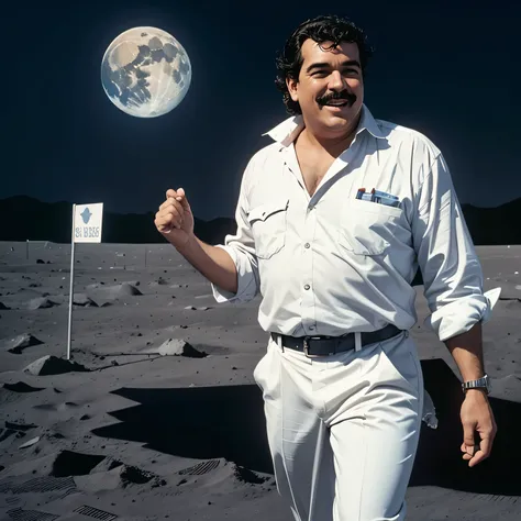 Pablo Escobar laughing, walking on the moon