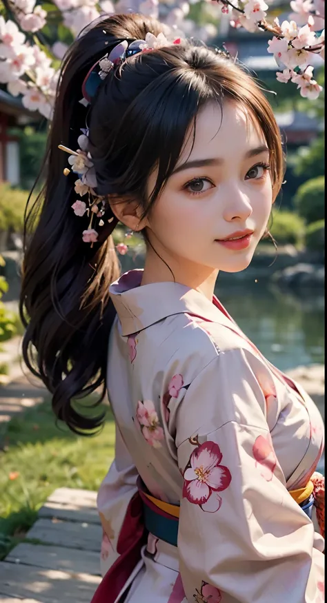 ((highest quality)), ((masterpiece)), (detailed:1.4)、In 8K、best quality，whole body face focus,(wave goodbye),soft light, smile,Peel,wet skin（Depth of bounds written），Super high resolution，RAW photo，ability,foot bag,check out、japanese kimono(cherry blossom ...