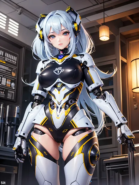 ((highest quality)),(ultra high resolution),(Super detailed),(detailed description),((best CG)),(best work of art),super precision art,great drawing art,(Sci-fi art with precise details:1.5), (One female robot:1.6),((Mechanical body detailed and detailed:1...