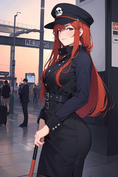 1 girl, alone, Red hair, red eyes, double tail, staff, pencil skirt, Skull print, Navy cap, orange sky,, outdoor, TRAIN STATION, standing in front of the bus,, 