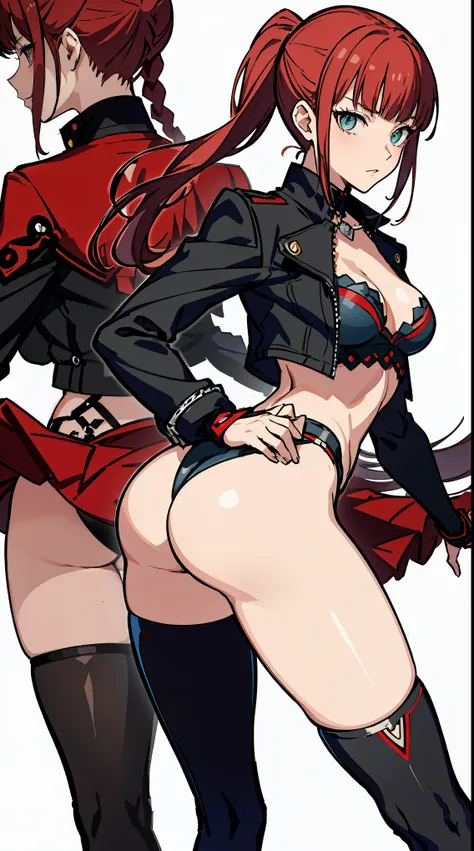 Persona 5 art style wlop, Persona 5 art style, character 5 style, Kasumi Yoshizawa, Girls in wear, whole body, high quality, 8k, open chest, ponytail, small breasts, Bangs, smooth thighs, Patsan, top quality, 8k, ultra high definition, beautiful eyes, Slen...