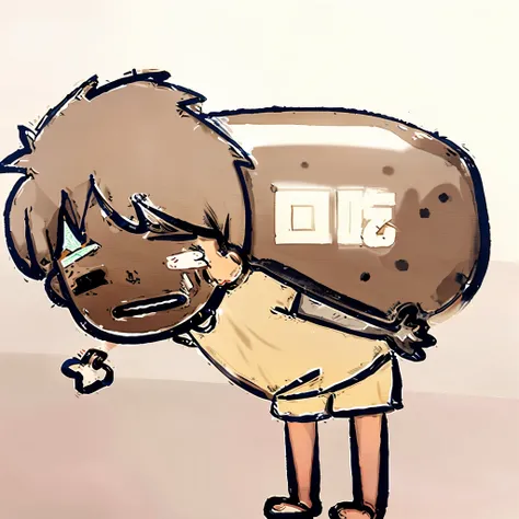 Cartoon of a boy carrying a big stone，It has the word &quot;stuttering&quot; written on it, Carrying a big bag， He was not happy