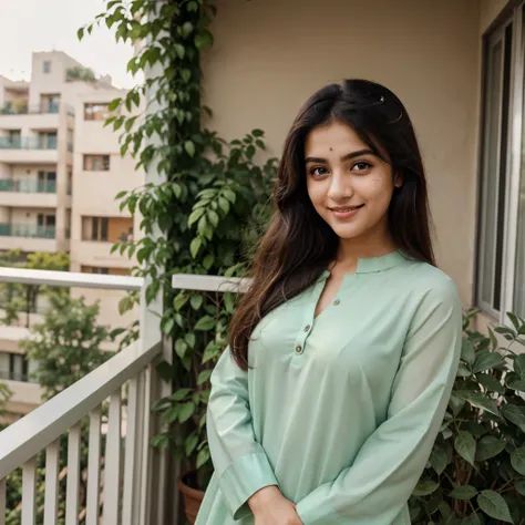 A beautiful Pakistani girl with thick black hair and bright skin, brown eyes and light freckles on her cheeks, standing in balcony with laughing face, wearing Shalwar Kameez, green grass and plants in background, (winter sunlight) pro white color theme ((s...