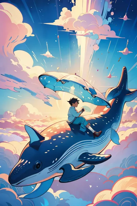 Draw a boy riding on a whale in the clouds，The background is a castle, Lying in Baiyun Wonderland, dreamlike illustration, city floating in the clouds, Sky Whale, A beautiful artistic illustration, In Baiyun Wonderland, land floating in the clouds,Fantasti...