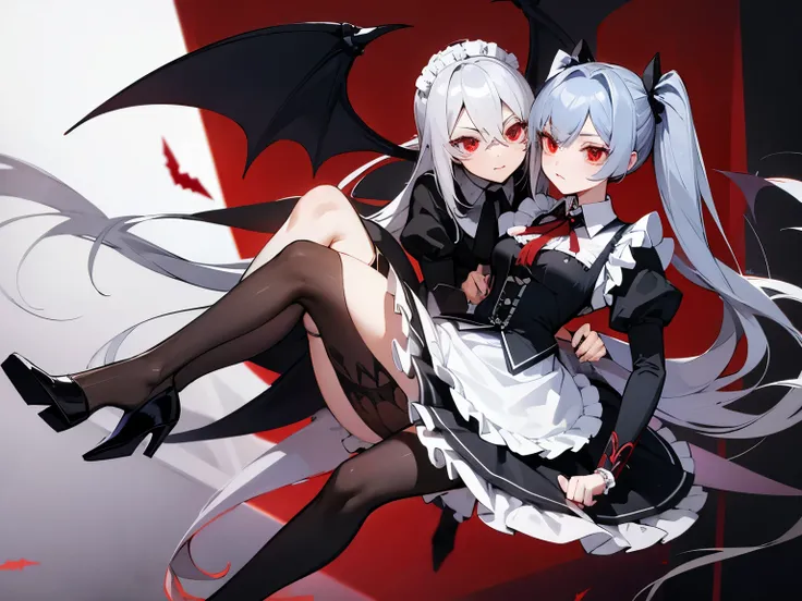 gray hair　maid　red eye　beautiful girl　very long hair　stockings　Cute　cute　fight　gun　cool　the bats　vampire　long skirt　frills　pair　discord