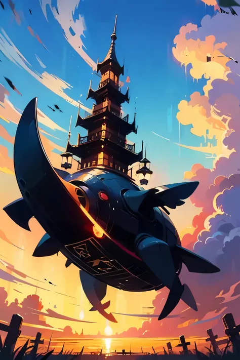 Draw a boy riding on a whale in the clouds，The background is a castle, Lying in Baiyun Wonderland, dreamlike illustration, city floating in the clouds, Sky Whale, A beautiful artistic illustration, In Baiyun Wonderland, land floating in the clouds,Fantasti...