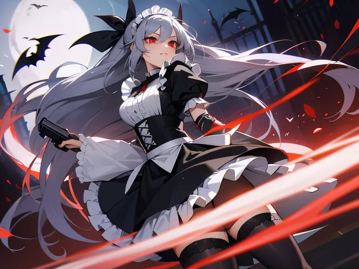 gray hair　maid　red eye　beautiful girl　very long hair　stockings　Cute　cute　fight　gun　cool　the bats　vampire　long skirt　frills　pair　discord