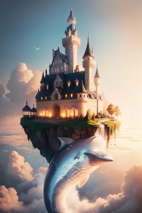 Draw a boy riding on a whale in the clouds，The background is a castle, Lying in Baiyun Wonderland, dreamlike illustration, city floating in the clouds, Sky Whale, A beautiful artistic illustration, In Baiyun Wonderland, land floating in the clouds,Fantasti...