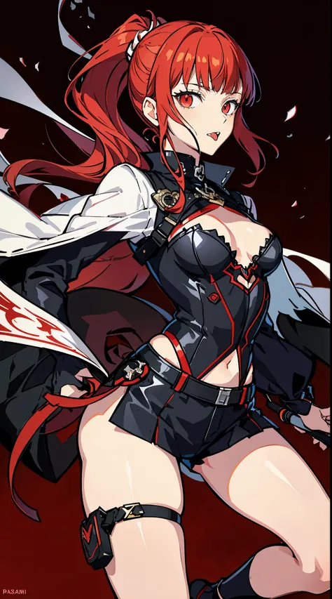 Persona 5 art style wlop, Persona 5 art style, character 5 style, Kasumi Yoshizawa, Girls in wear, whole body, high quality, 8k, open chest, ponytail, small breasts, Bangs, smooth thighs, Patsan, top quality, 8k, ultra high definition, beautiful eyes, Slen...