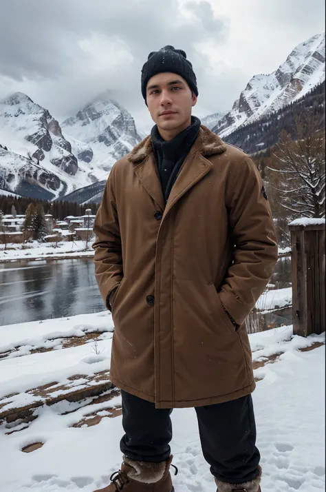 selfie of a handsome caucasian man with brown eyes, buzz cut hair, winter outfit, snowy mountains background, black winter cap, snow boots, cloudy weather