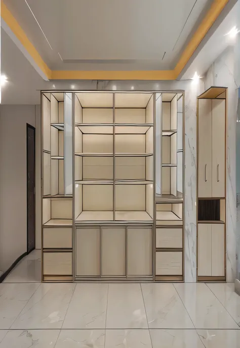 there is a room with a lot of shelves and cupboard, cupboard家具, exhibit, cupboard, elegant wardrobe, luxury item exhibit, white marble interior photograph, wooden cabinet, exhibit柜, elegant rendering, marble room, 3D iOS room photo, Elegant futuristic ward...