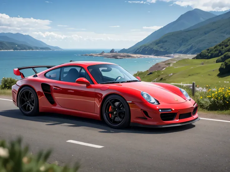 ultra high resolution、super high quality、8K、Wonderful expression with attention to detail、early summer coastline、A red sports car stopped on a mountain pass.Porsche　935 turbo　