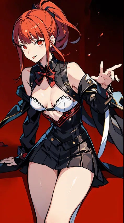 Persona 5 art style wlop, Persona 5 art style, character 5 style, Kasumi Yoshizawa, Girls in wear, whole body, high quality, 8k, open chest, ponytail, small breasts, Bangs, smooth thighs, Patsan, top quality, 8k, ultra high definition, beautiful eyes, Slen...