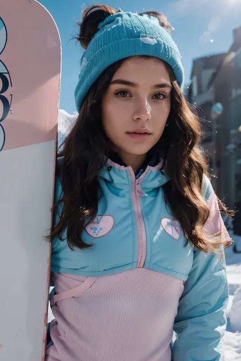 (wavy brunette perfect body Supermodel), wearing (light pink and baby blue snowboard costume), posing on a slope, snowboarding, feminine fit detailed body and face and skin pores, highly detailed expressive, space above head, depth of field, skin details, ...