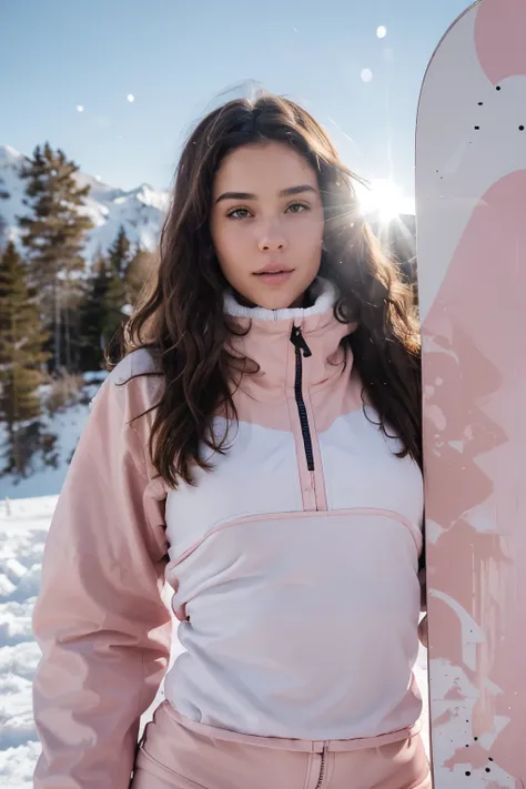 (wavy brunette perfect body Supermodel), wearing (light pink and white snowboard costume), posing on a slope, snowboarding, feminine fit detailed body and face and skin pores, highly detailed expressive, space above head, depth of field, skin details, sun ...