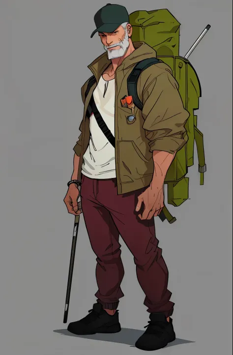 (masterpiece，top quality，best quality)  bold outline style，a man，hero，Relaxing posture，A middle-aged street businessman，Wearing a cloak，weathered，facial details，Perfect facial structure，Carrying a large backpack，Big green backpack，The backpack contains all...