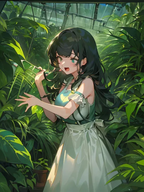 ((Darkness)), ((Screaming)), solo, a woman, ((upper body, big breasts, full bangs)), wearing apron and skirt, greenhouse at night, tropical rainforest plants