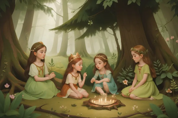 1680s Forest Fairies Friendship Ritual (Location: Ancient Forest)
Character: A child, around 8 years old, with a crown of flowers and freckles, engages in a friendship ritual with forest fairies in an ancient forest during the 1680s. Wes Andersons fairy fo...