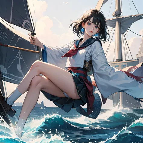 Sulamith Wülfing, A E Marty, Surreal, mysterious, strange, fantastical, fantasy, Sci-fi, Japanese anime, sea of ​​books and stories, sailing yacht, miniskirt beautiful sailor, perfect body, detailed masterpiece 