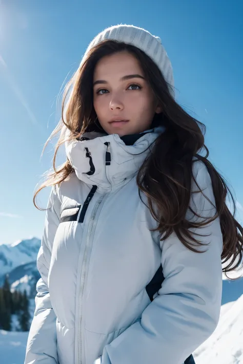 (wavy brunette perfect body Supermodel), full body, snowboarding, slope, ski, feminine fit detailed body and face and skin pores, highly detailed expressive, space above head, depth of field, skin details, sun light, ultra realistic, cinematic