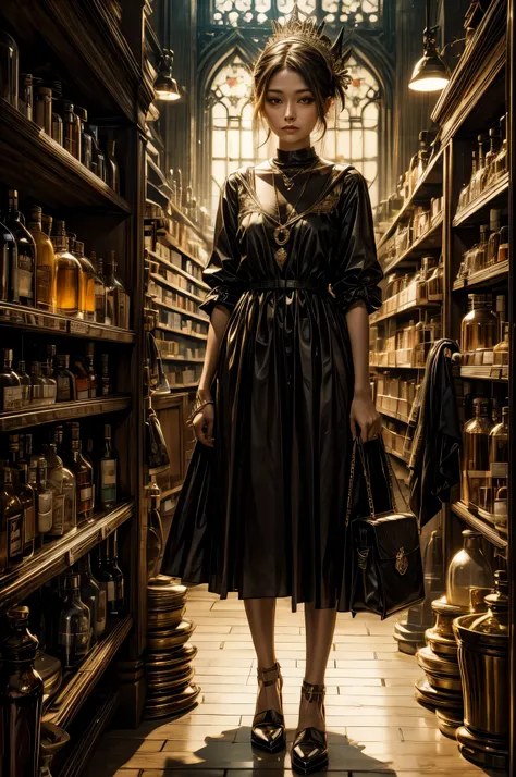 A surreal painting unfolds, featuring a girl with an owls head, standing in a Pharmacie surrounded by jars. Tinted glass bathes the scene in soft, warm light beams, creating an enchanting atmosphere as evening settles. Capture the ethereal beauty of this u...