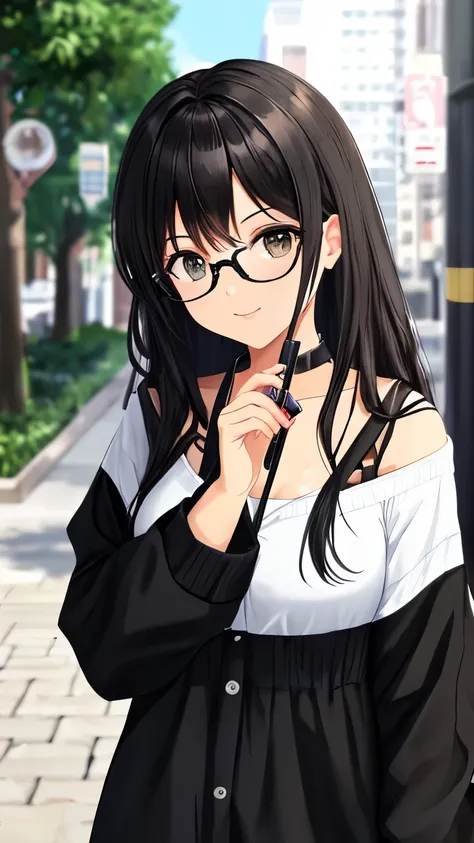 4r13lw, face , black hair, black rectangle glasses 