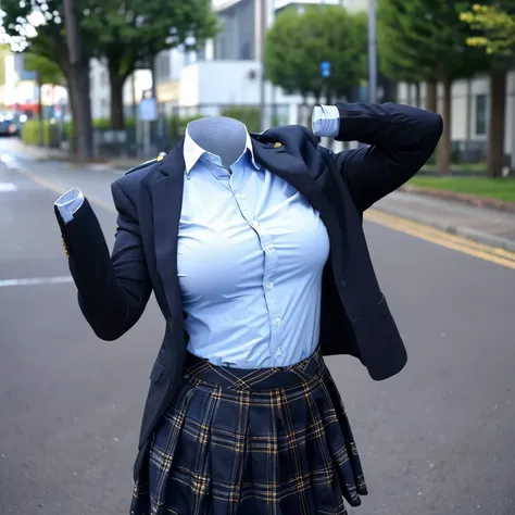 school uniform, plaid skirt, stripe tie, long sleeve, cute big breasts, (invisible, no human, headless, handless:1.5), chubby,cute pose