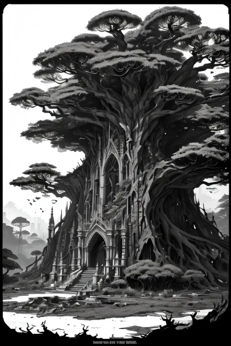 A mysterious and majestic architectural structure that appears to be a combination of human construction and nature encrusted and enveloped by huge tree roots with lush vegetation growing on its surfaces. Black and white drawing with ink. Marvel comics sty...