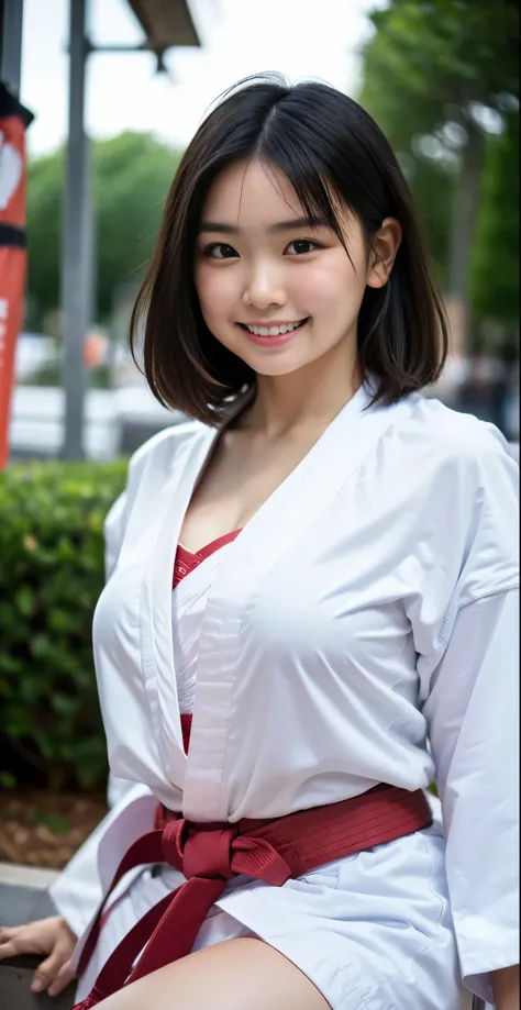 （8K、Raw photography、highest quality、masterpiece：1.2),(black haired、Two-side-up hair:1.5),show viewer,Looking at the front,erotic,white skin,(Wearing a karate kimono:1.7)、(dojo)、(Clothing that emphasizes the shape of your chest、exposing one&#39;s skin:1.6)、...