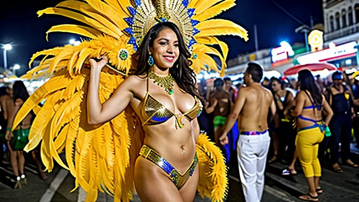 Brazilian Latina female naked in public Rio de Janeiro Carnival, nude, carnival costume, full body