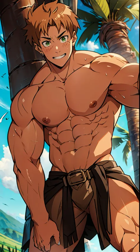 Close-up ,a bodybuilding monster with a giant muscular, red skin, bright red skin, the boy blushed shyly , rosy skin, shiny skin(muscular 1 muscles )( anime style, art) (photo angle from bottom up) (photo angle from the ground upwards) [Anime photo][highes...