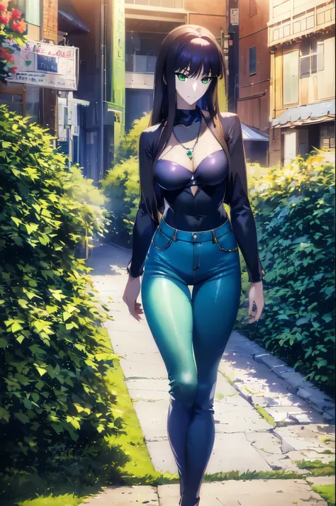 黒のトップとブルー jeansを着て歩道を歩くanime girl, forest cityscape behind her, anime moe art style, created at anime artist studio, anime style...